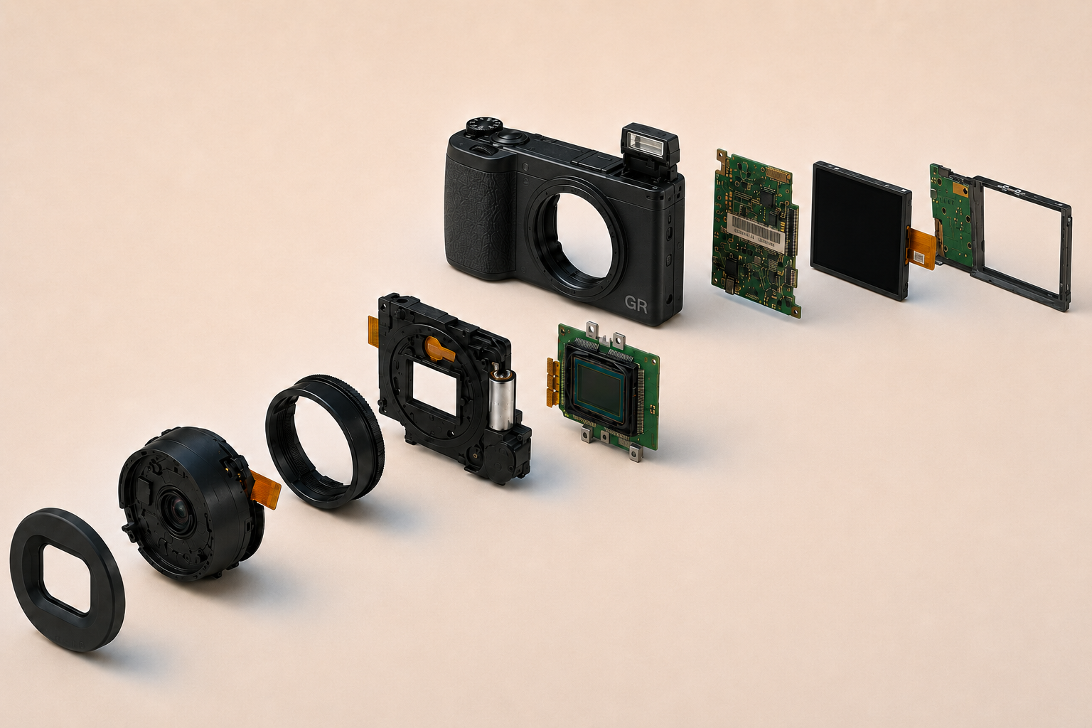 Reference-built exploded view of the Ricoh GR I repairable assemblies